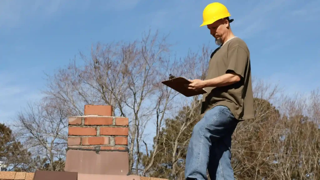 Roofing contractor with clipboard inspecting residential roof and chimney in Rochester MN