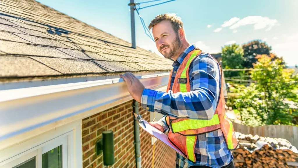 Roofing contractor inspecting a newly installed roof covered under warrant