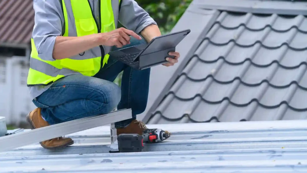 Roofer inspecting shingles for hail damage after storm for insurance claim
